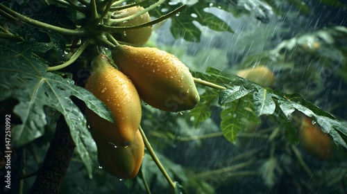 Ripe papayas on tree during tropical rain