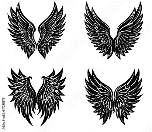 Dark Black Wings Vector Icons – Mysterious and Graceful Feathered Wing Graphics for Tattoo Artists, Fantasy Designers, and Supernatural Themes.