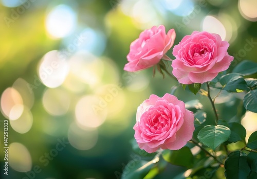 Beautiful Pink Roses in a Soft Focus Background Surrounded by Greenery and Bokeh Effects, Capturing Nature’s Elegance and Serenity for Stock Images