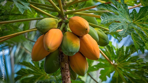 Mixed ripe and green papayas on tropical tree