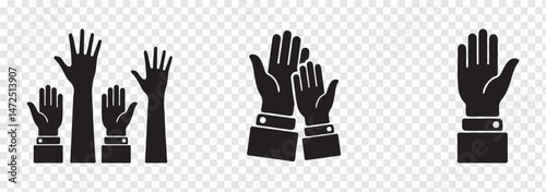 Raise hand symbols. Raised hands icon. Hand sign. Symbol or logo of peoples, community, organization, democracy, donation, charity. Vector stock graphic design in flat style isolated on white.