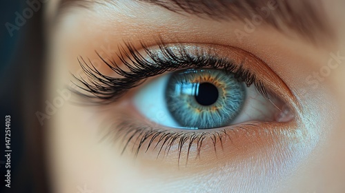 Close-up of a woman's eye.  Detailed view of the eye's structure, with vibrant blue colour and  long lashes