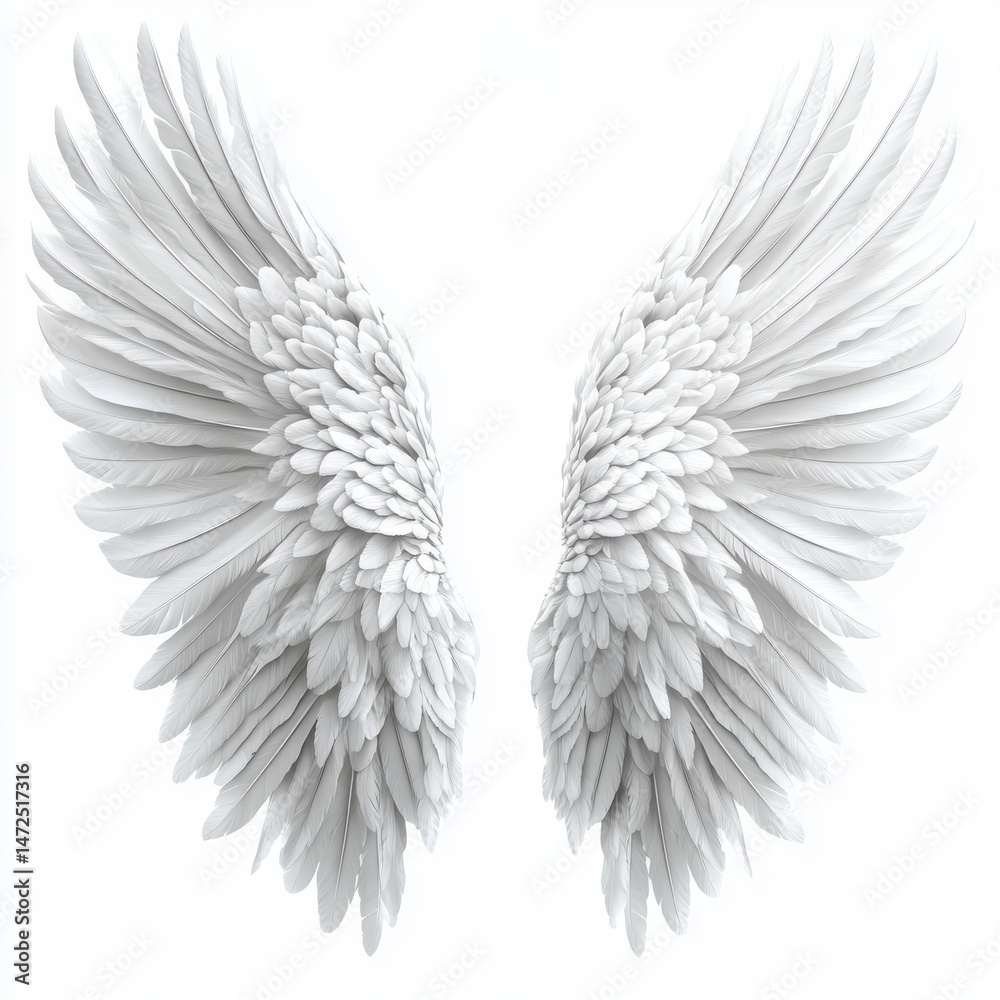 Fototapeta premium Detailed White Angel Wings on White Background