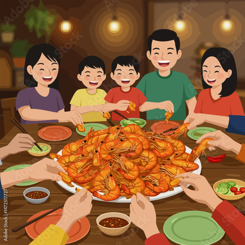 Family Enjoying a Large Platter of Shrimp at a Dinner Table