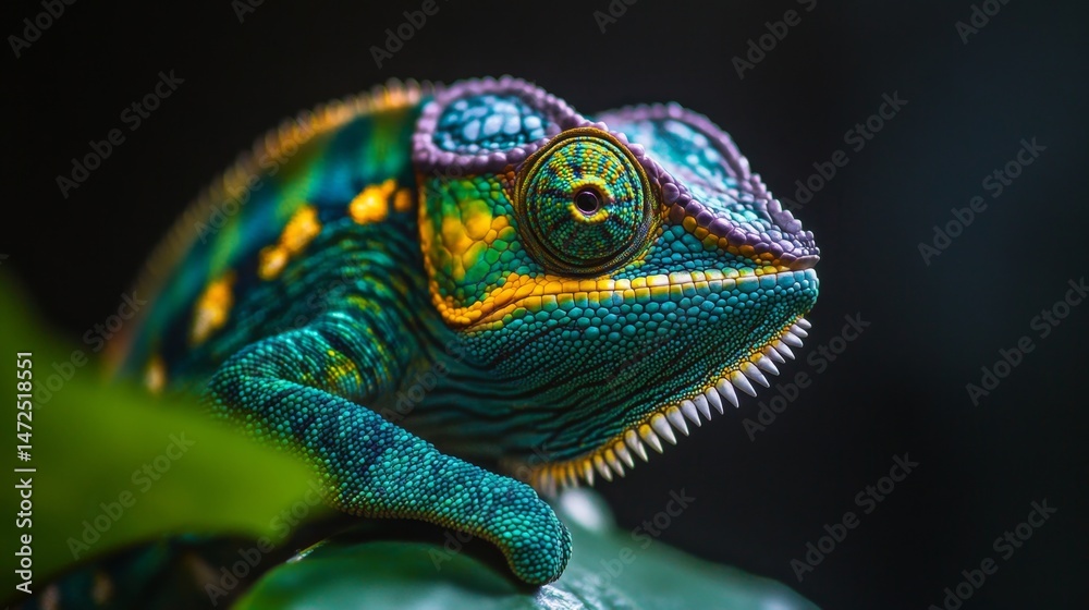 Fototapeta premium Chameleon in natural habitat tropical forest wildlife photography close-up vivid colors nature exploration