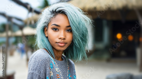young woman with teal dyed ...
