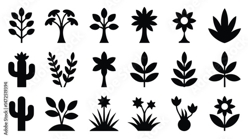 A collection of 16 simple, black silhouette icons of various plants, including trees, flowers, cacti, and shrubs