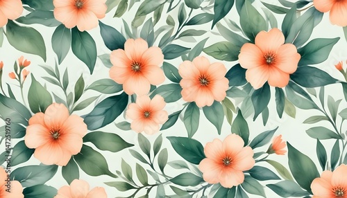 Elegant watercolor floral pattern featuring beautiful peach blossoms and lush, green leaves.