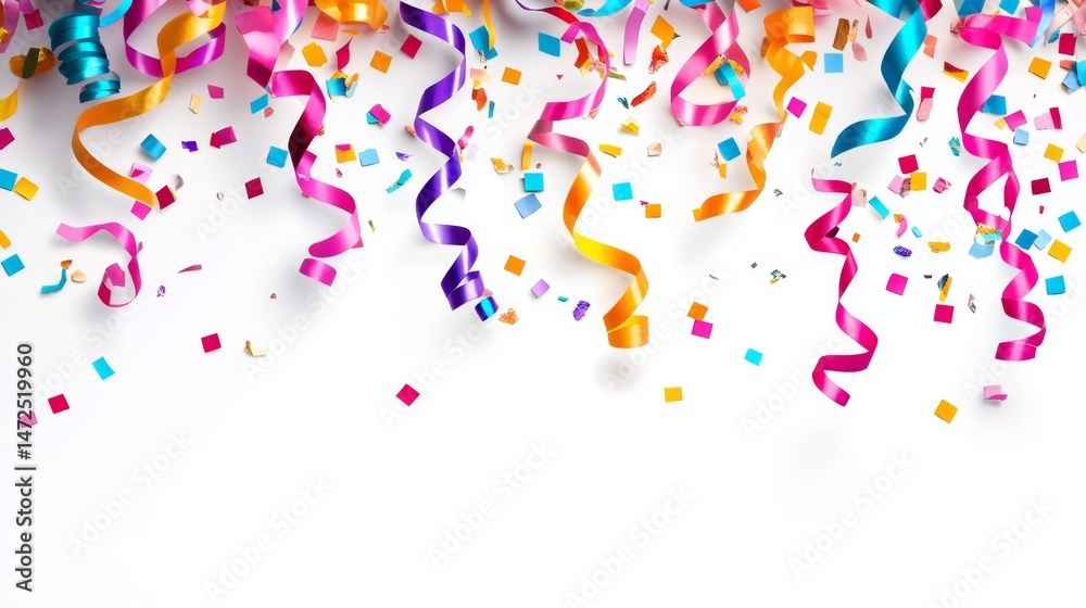 Fototapeta premium Celebration confetti and streamers party atmosphere festive decor bright environment overhead view joyful vibes