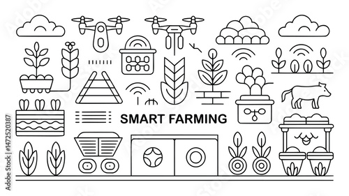 This black and white line art graphic displays a collection of icons representing various aspects of smart farming