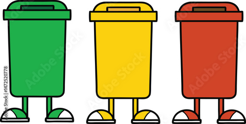 Three Recycling Bins in Green, Yellow, and Red, Each with Legs and Shoes, Representing Waste Segregation, Environmental Responsibility, and Sustainable Waste Management in a Playful Style.