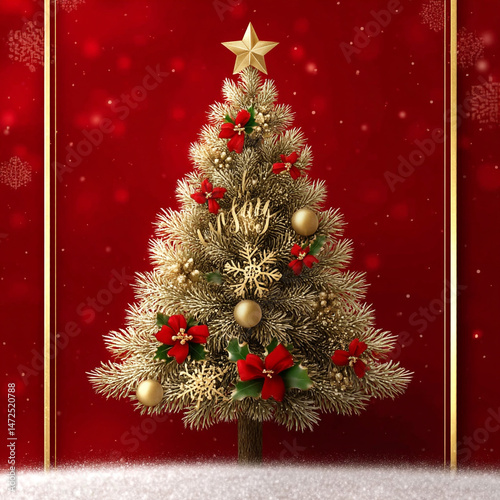 Luxury gold happy holiday invitation card design vector. Christmas tree, snowflake, holly, firework with spot texture on red background. Design illustration for cover, print, poster, ... See More