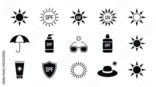 A set of black and white icons representing various sun protection methods