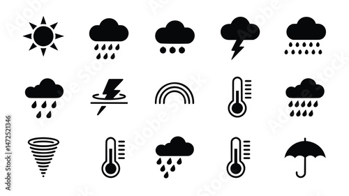 This set features a collection of simple, black weather icons on a white background