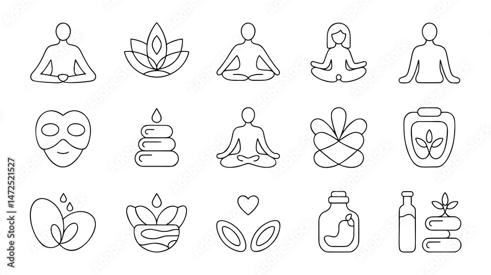 Naklejka premium This set features minimalist line art icons representing various wellness and spa-related concepts