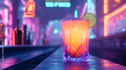 Electric Tango A Vibrant Neon Cocktail in a Geometric Glass