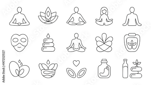 This set features minimalist line art icons representing various wellness and spa-related concepts