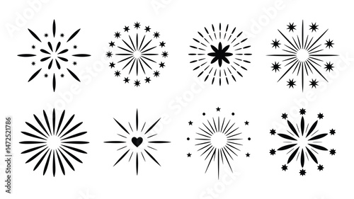 A set of nine black and white fireworks icons, designed in a simple, elegant style