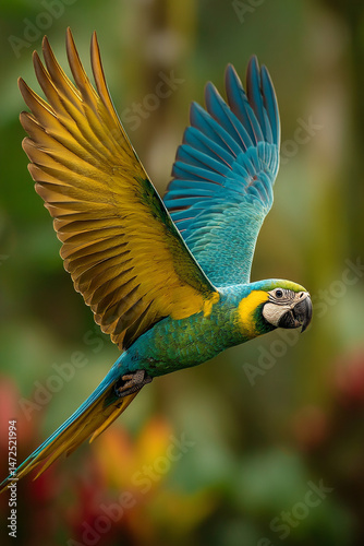 Macaw flying through a dense tropical rainforest 32k, full ultra hd, high resolution
