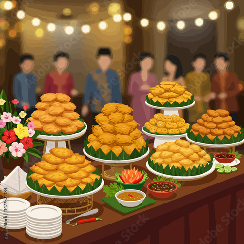 Display of Fried Food at Gathering with Flowers and Condiments