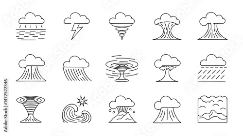 A set of 12 simple line art icons representing various natural disasters