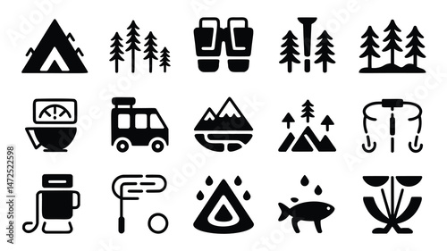 A set of simple, black and white vector icons depicting various outdoor adventure activities and equipment