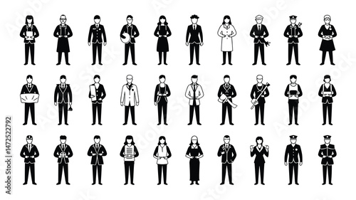 This image features a collection of black and white silhouette icons depicting various professional figures in their respective uniforms