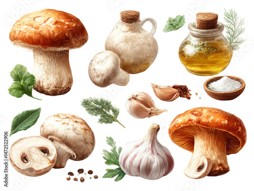 Mushroom harvesting and cooking essentials kitchen food art natural. Isolated on transparent background, png.