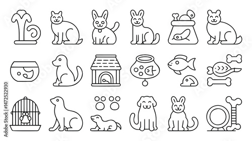 This image features a collection of simple, black line art icons depicting various pets, pet supplies, and food