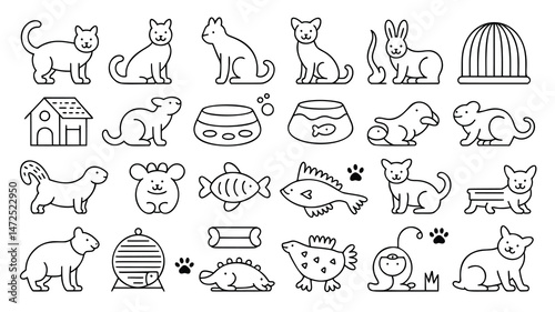 This set of simple, black line art icons depicts a variety of pets, including cats, dogs, rabbits, fish, and more, along with accessories like pet beds, food bowls, and cages