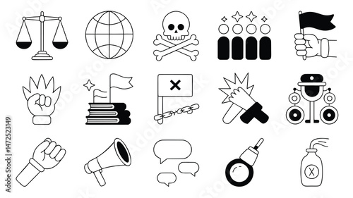 A collection of simple, black and white line art icons representing various aspects of protest, social issues, and activism