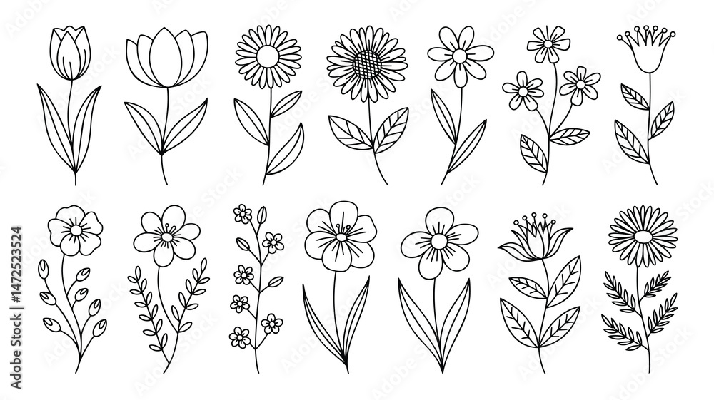 A collection of twelve stylized flower and plant illustrations in a simple black line art style