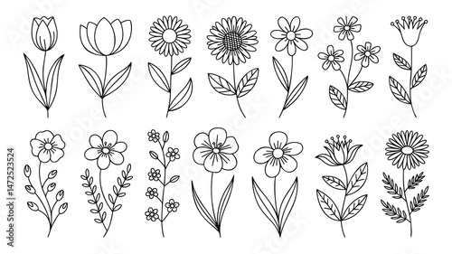 A collection of twelve stylized flower and plant illustrations in a simple black line art style