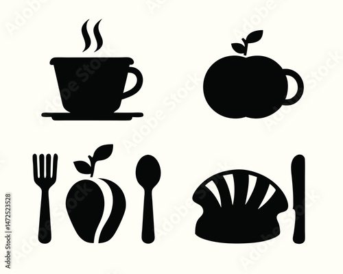 A set of modern flat-style food icons including coffee cups, pastries, fruits, and cutlery with soft shadows and rounded edges