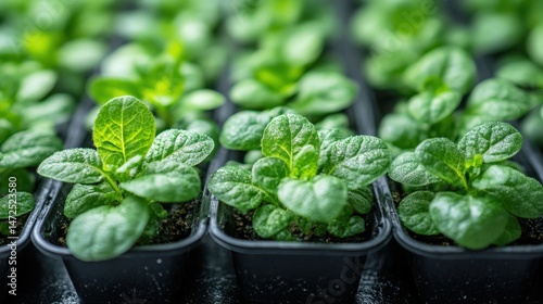 Close up of healthy green seedlings growing in black pots