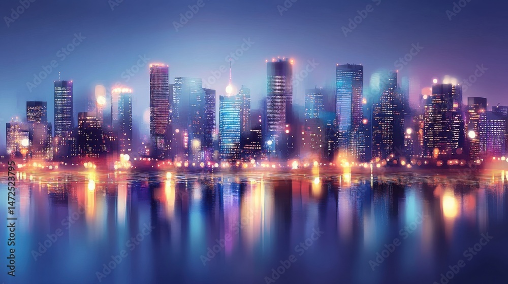 Fototapeta premium Vibrant City Skyline at Night with Reflections on Water Surface