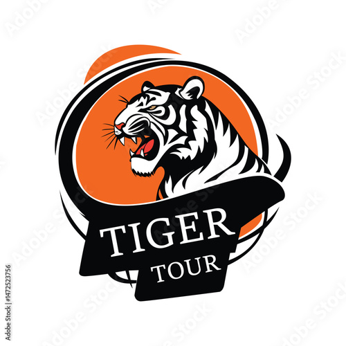 Wildlife tiger logo for safari travel and jungle adventure company with bold roaring tiger head illustration in orange and black color scheme suitable for branding and tour promotion