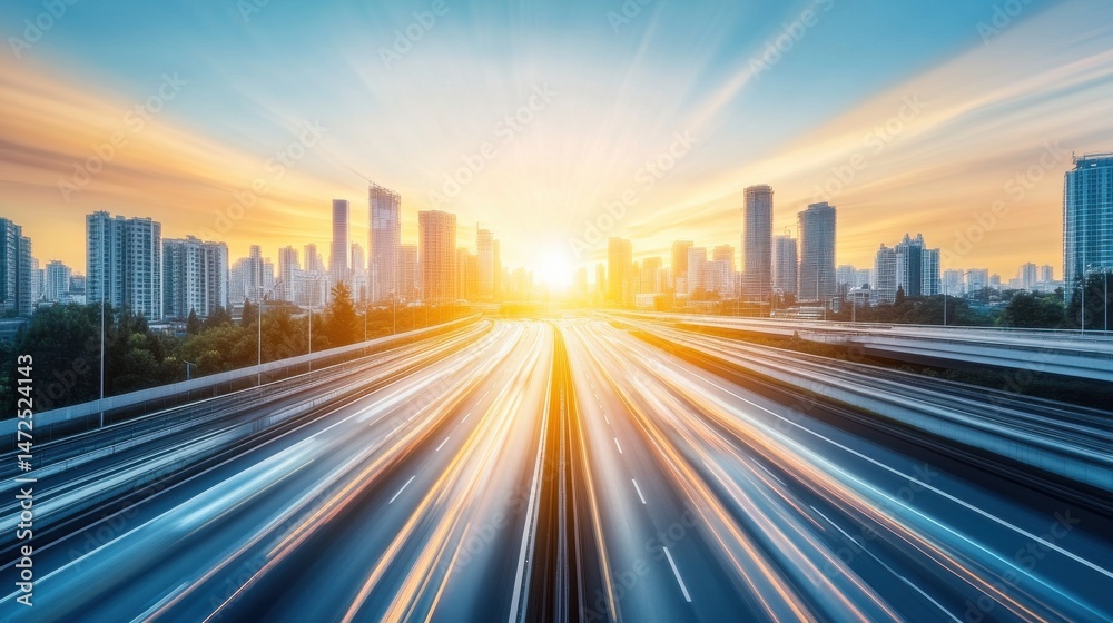 Fototapeta premium Vibrant Cityscape at Sunset with Dynamic Traffic Flow and Skyline