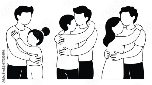 Simple black and white line art illustration of different people hugging, showcasing various relationships like parent-child, same-sex couple, and general affection