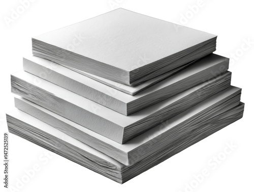Stack of blank paper sheets in minimalist office setting. Isolated on transparent background, png.