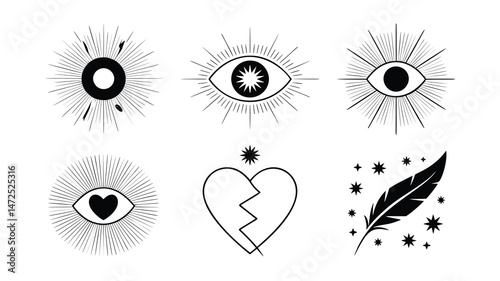 This graphic set features stylized symbols, including all-seeing eyes, a broken heart, and a feather, radiating a mystical and spiritual mood