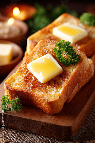 Melting butter on warm toast with textured background 32k, full ultra hd, high resolution