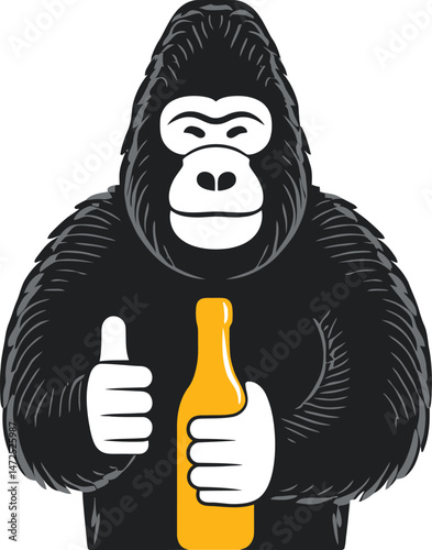 Wise Gorilla with a Golden Beverage: An artistic gorilla holding a bottle of yellow beverage, giving a thumbs-up gesture. The image has a vintage, comic book, cartoonish vibe.