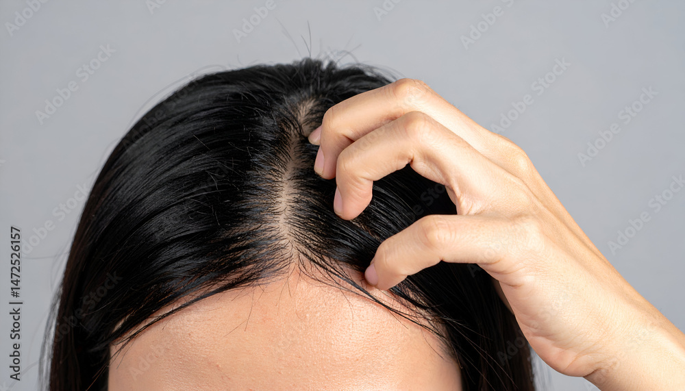 Fototapeta premium A close-up of a young woman scalp with visible dandruff as she gently scratches her head against a neutral gray background 