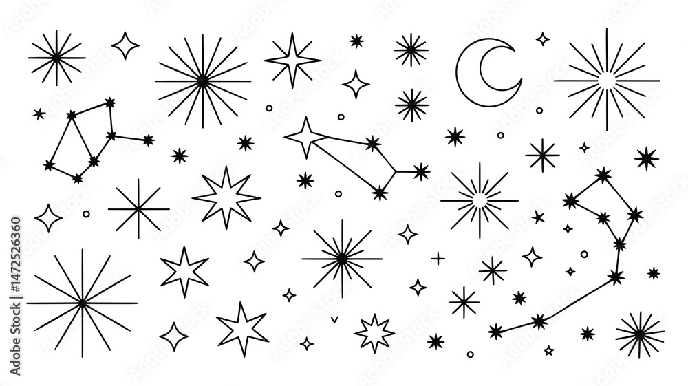 Obraz premium A whimsical and stylish pattern featuring various black line art celestial elements
