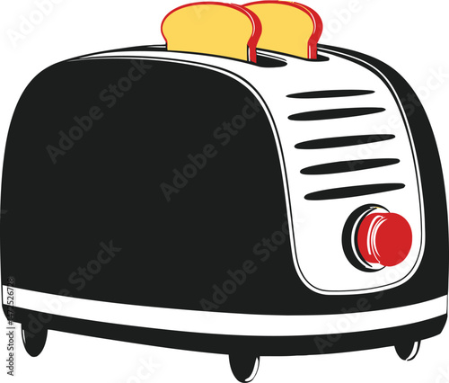 Retro Toaster with Sliced Bread: A stylized retro toaster sits proudly, accompanied by two slices of perfectly toasted bread, in a captivating illustration, ready to brighten your day.