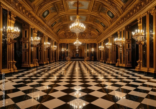 Opulent Ballroom Interior with Gold Accents and Checkered Floor