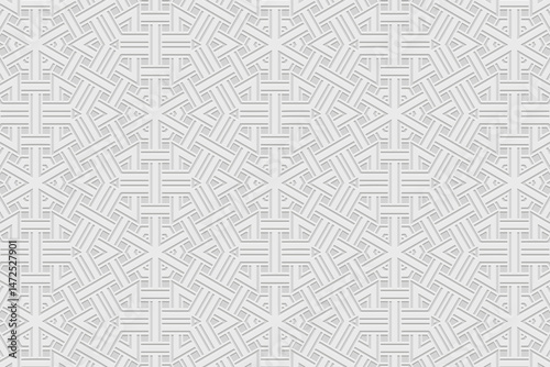 Ethnic white background, cover design, presentation banner. Geometric stylish 3D pattern, art deco. Embossed tribal ornaments, arabesques, mandala of the East, Asia, India, Mexico, Aztec, Peru.