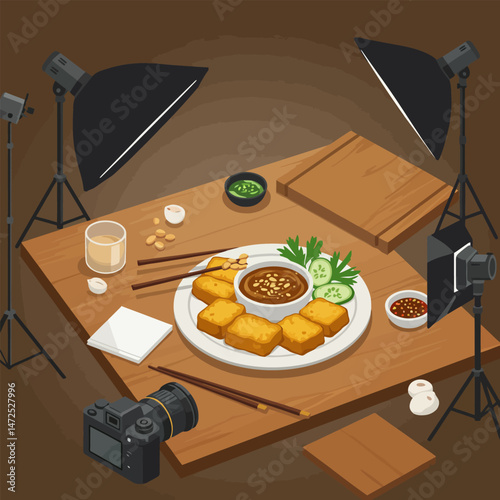 Photographing Tofu Dish with Sauces and Photography Equipment Setup