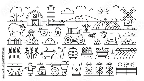 A charming, minimalist line art illustration depicting various farm elements